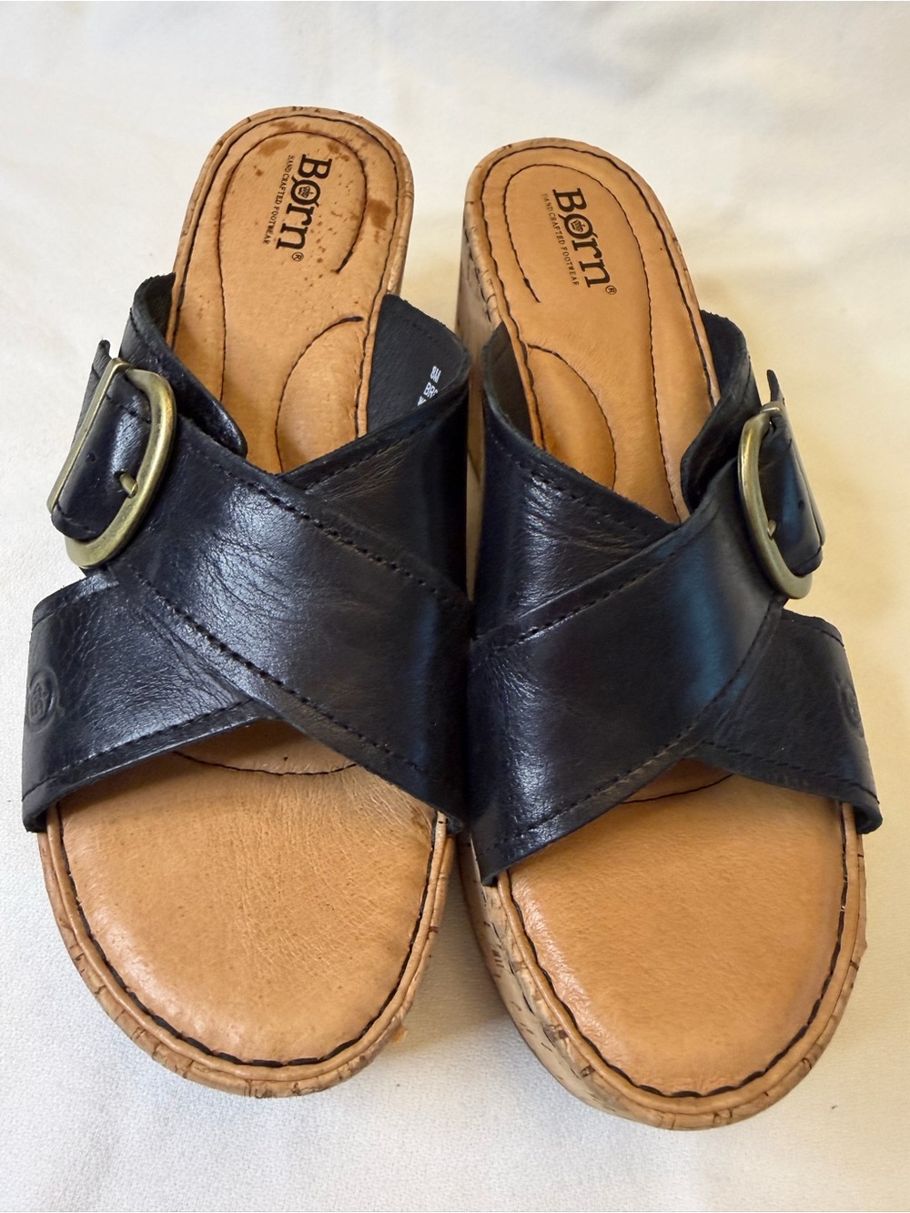 Born Drilles Black Leather Double Buckle Slide Wedge Sandals Size 8M